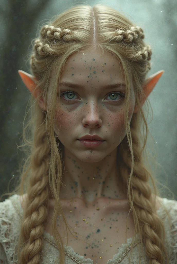 A beautiful Elven ((woman)) highly defined elven features big eyes ,small pokies ((small pokies)) peroxide ((long blonde messy windswept hair)) flowers in hair,(((small pointed ears))), sitting in highly detailed rural french (meadow) setting ,wearing Medieval green cloak and (furs, leathers, and roughly spun cloths, such as hemp or linen). eyeliner, blush, lipstick, natural freckles,, art gallery, professional photography, Sony fx6 digital camera, atmospheric, highly detailed, UHD, both eyes the same, masterpiece, high resolution, ultra quality, 16K, skin pores, matte ,(dancing) ,model pose ,Patrick Lichfield, rule of thirds