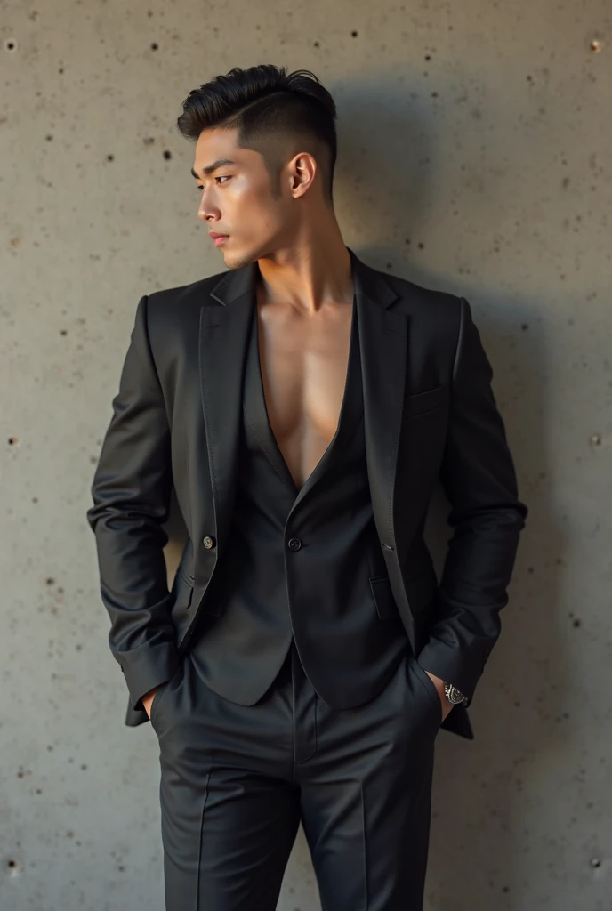 1man, a 25-year-old muscular man, wears a black suit, bodice, soft lighting, masterpiece, best quality, 8k ultra high definition, DSLR camera, film grain, Midjourney and greg rutkowski's Fujifilm XT3 realistic drawing art