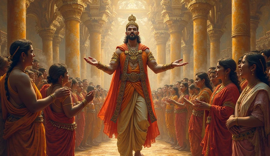 Coronation of Rama:

Rama being crowned as king of Ayodhya, surrounded by courtiers, family, and citizens celebrating his return and victory.