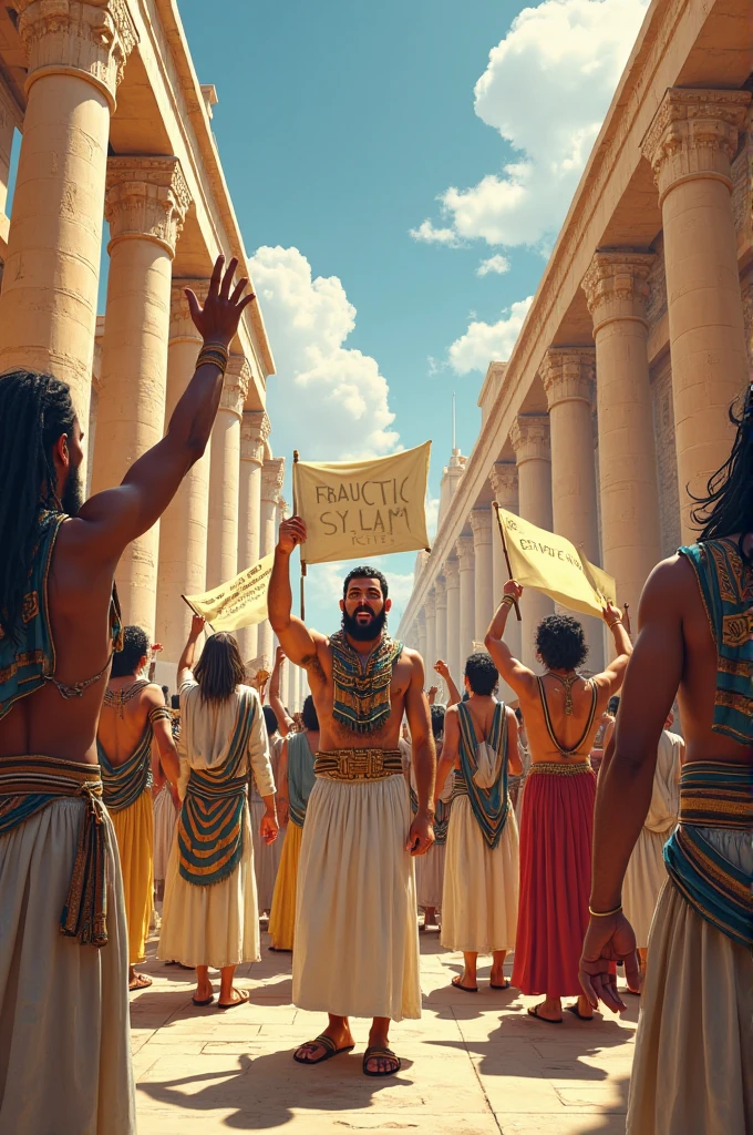 Joseph being crowned second in command of Egypt, with a cheering crowd. The background is a large Egyptian city, with visible pyramids. The colors are vibrant, symbolizing joy and triumph.