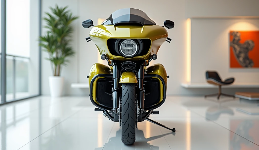 2025(Harley Davidson road king) motorcycle in vibrant(olive with shiny) color standing in luxury showroom.full (front) show with showroom background white blur