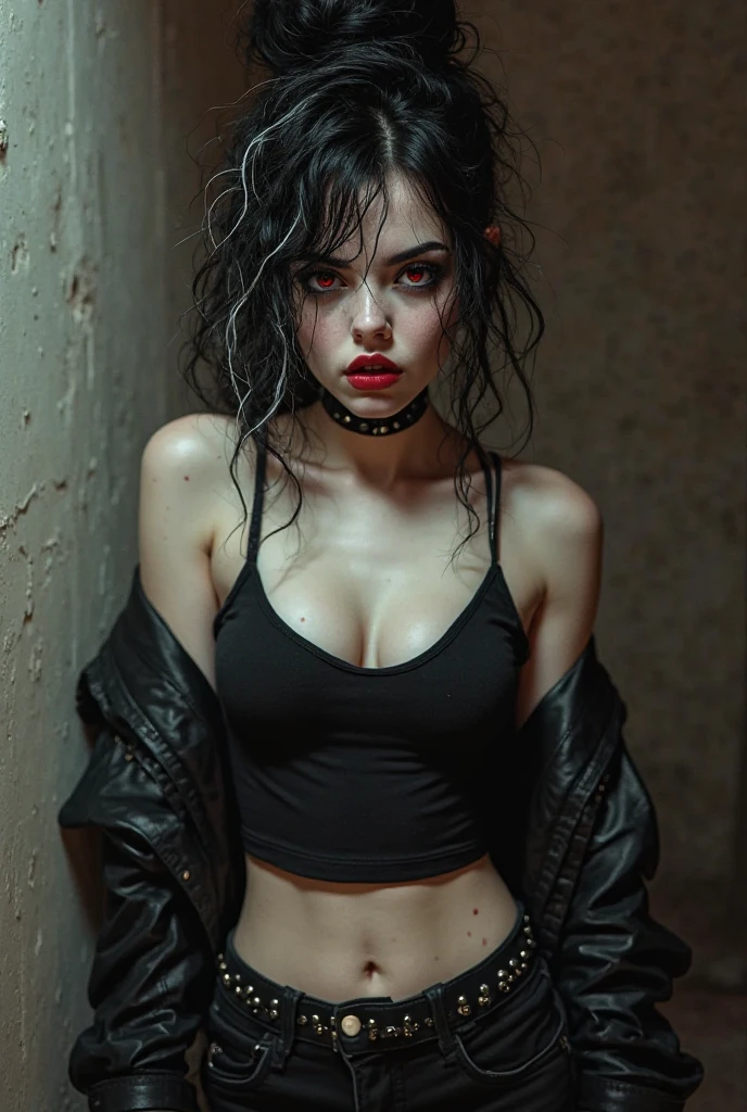 photography, masterpiece, top quality, photorealistic, 8K, high resolution, detailed skin, 8K Ultra HD, DSLR, soft lighting, high quality, film grain, Fujifilm XT3, (upper_body:1.4), 1.2, realistic, Ultra Detail, Ultra High Resolution, blurry, extremely detailed CG unity 8k wallpaper, finely detail, highly detailed, cinematic lightning, official art, perfect anatomy, perfect hands, perfect face, round face, best quality, dreamlikeart, (8k, RAW photo, best quality, masterpiece:1.2), (perfect face:1.3), (medium chest:1.3), (BREAK:1.7), (best quality, masterpiece:1.2), 1 girl, solo, 2, ((Dark Brown hair:1.6) and pink streaks through hair:1.3))), (pigtails) (hazel brown eyes:1.2), ((Black Lipstick:1.3)), (bewitching look on face:1.3), ((Perfect body)), ((Perfect Face:1.2)), (((Chest:1, Waist:1.1, Hips:0.9, Toned legs:1))), Looking straight into the camera, (cleavage:1.2), (perky chest:1.2), (pointy chest:1.2), (Tight Black Halterneck Top:1.2), (Tight Black Shorts:1.2), (seductive pose:1.3), (Gothic Architecture:1.3)., btpt-fc,