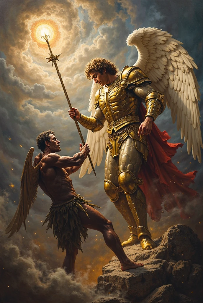 anime+yaoi+hentay intence color palette, symmetrical composition, ultra-detailed artistic style, oil painting, full body, perfect composition, perfect anatomy, wearing ancient roman soldier arnor, dramatic, natural lighting, a beautiful angel, handsome, tall, muscles Realistically detailed, body symmetry,The angel is holding a golden sword flying to confront a group of black dogs