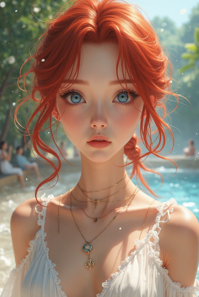 masutepiece, Best Quality, High resolution, (((detail portrayal、8K分辨率))), (((Uniform beautiful face))),Solo, bright light blue eyes, ash blonde, Ultramarine dress without sleeves、Yellow floral dress、plein air、Stone bridge,a river,Natural light