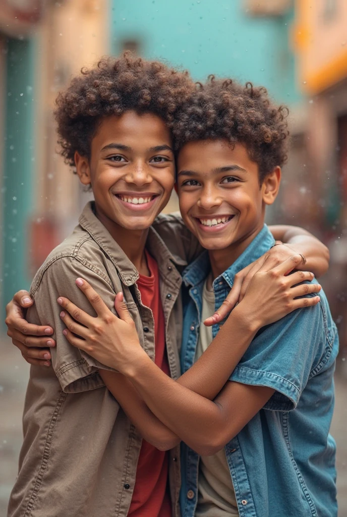two children, meninos negros, dez anos, wearing white t-shirt and jeans, imagem de corpo inteiro, background branco, sorridentes, dentes perfeitos, camera lente 24mm, image from a distance