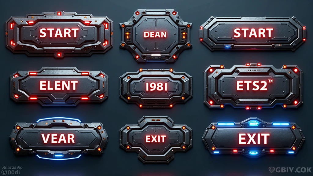 Generate a button image for the start, , DEAN, 1991, ETS2, design and exit buttons for the game, Game GUI assets, metallic textures , and a futuristic design