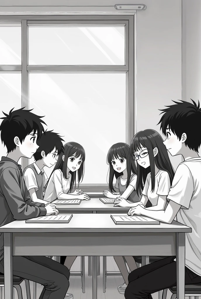 4 students sitting on school bench in white shirt grey paint at reading front of teacher