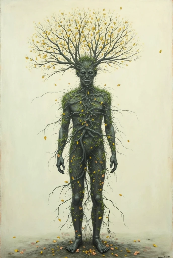 Illustration of a fullbody young detailed firness shirtless barefoot man with white skin, turquoise blue eyes, flowery hair and body covered with many leaves, soft color, dreamy, surrealism, abstract painted background with gouache paint strokes, intricate details, 3D rendering, octane rendering frank francella style.