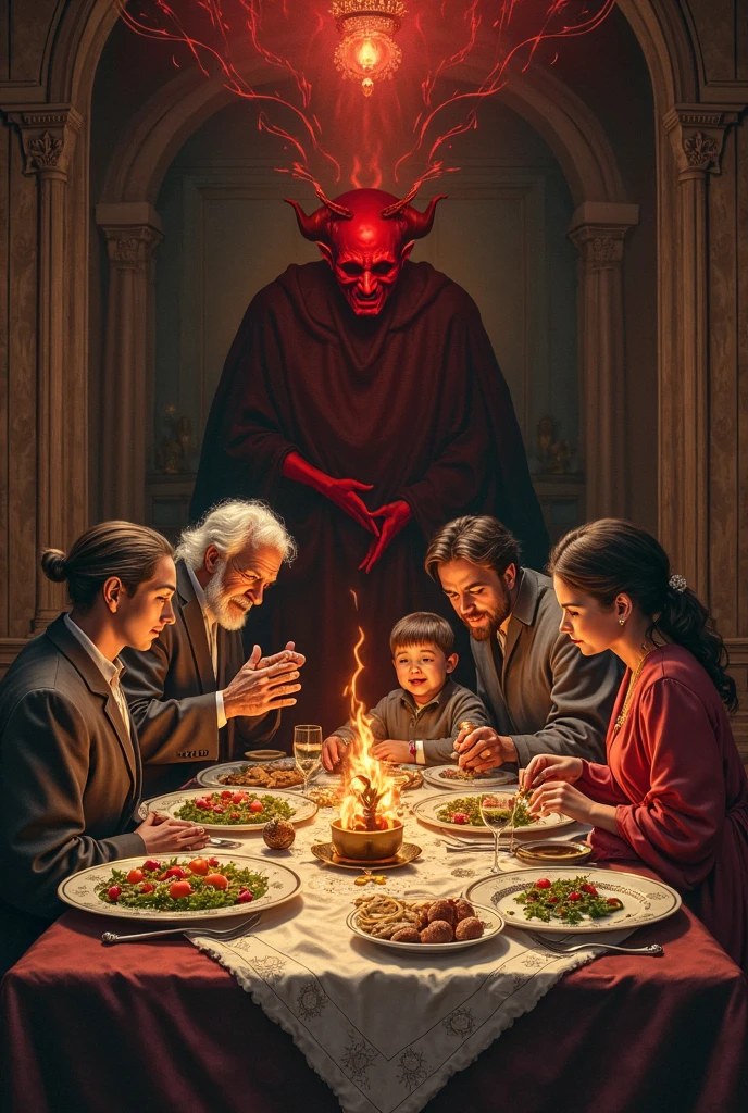 In a worn-out room, four kids, boys and girls, are sitting at a table, eating their meal. The room is littered with torn paper pieces. Near the table, an elderly woman is cleaning. Among the kids, one boy has a big red devil-like head and is glaring angrily at the old woman. The image is so lifelike and vivid that it captures an intense and unsettling atmosphere."