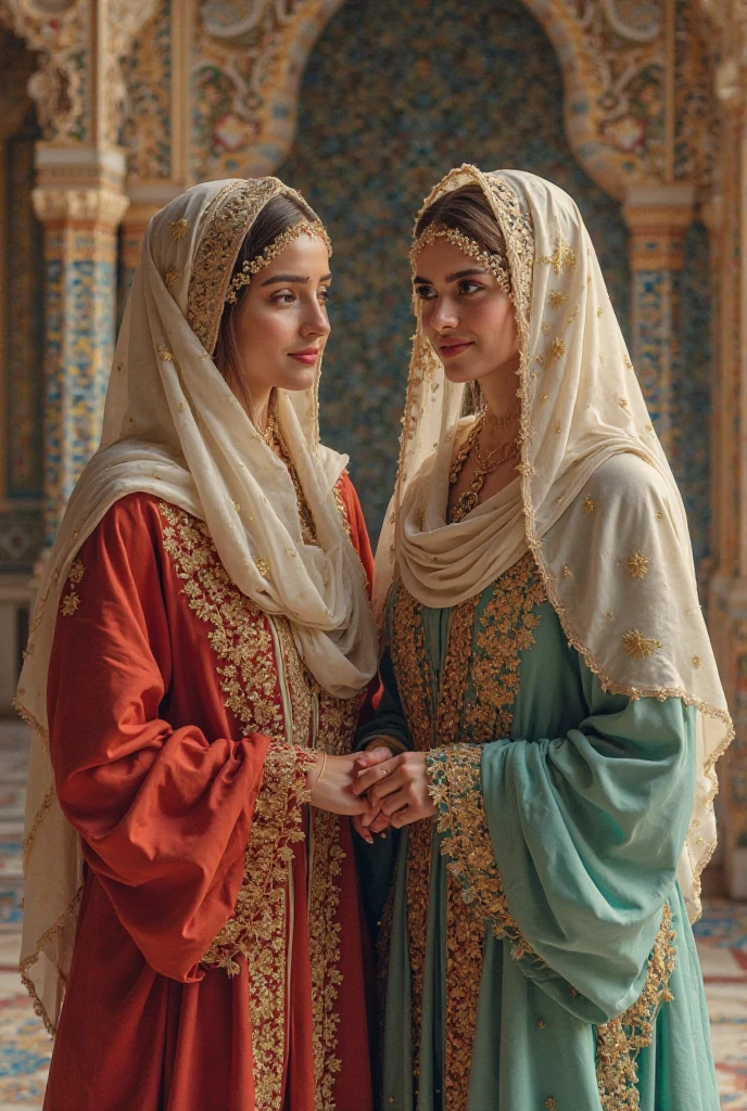 two Israeli women talking in a house, with costumes from the time of Jesus.