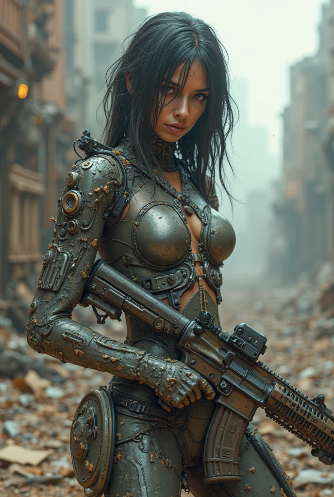 A highly detailed and realistic skull girl,( Anya. Taylor Joy) cyberpunk character, mad max furiosa, one hand robot, cyborg arm, orange hair, dramatic metal heavy rock theme, best quality, 8k, hyperrealistic, photorealistic, extreme detailed painting, studio lighting, vivid colors, dark moody atmosphere, cinematic, dramatic pose, intricate mechanical details, glowing energy effects, intense gritty textures, seamless integration of organic and inorganic elements. Wearing the used clothes of a wastelander. Background: An apocalyptic wasteland. Dusty and depressing.