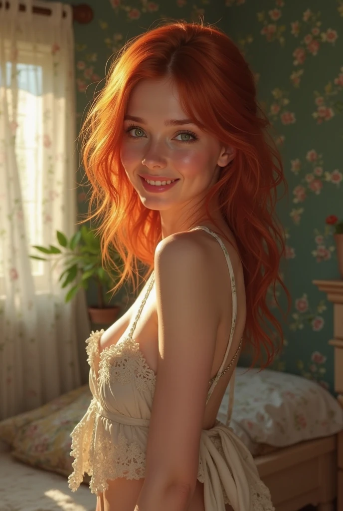 young woman with red, curly hair, blue eyes, dim lighting, wearing star wars simple dress, smiling, futuristic, jedi temple bedroom