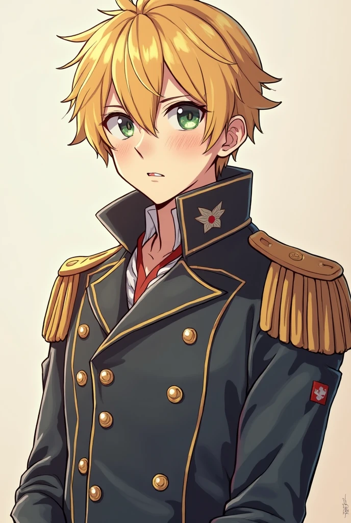 masterpiece, best quality, high quality, 1boy, solo, male focus, looking at viewer, upper body, <lora:nine_alpha:0.70>, nine_alpha, blonde hair, military uniform