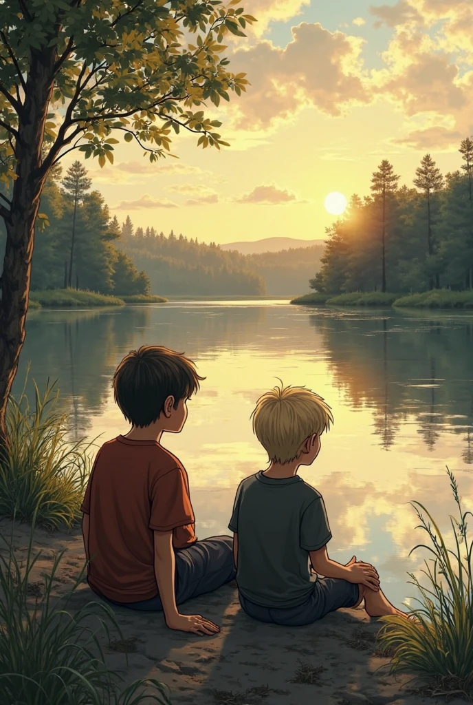 Image of two boys around the age of 13 on the edge of a lake, the one with blond hair behind the one with dark hair,
