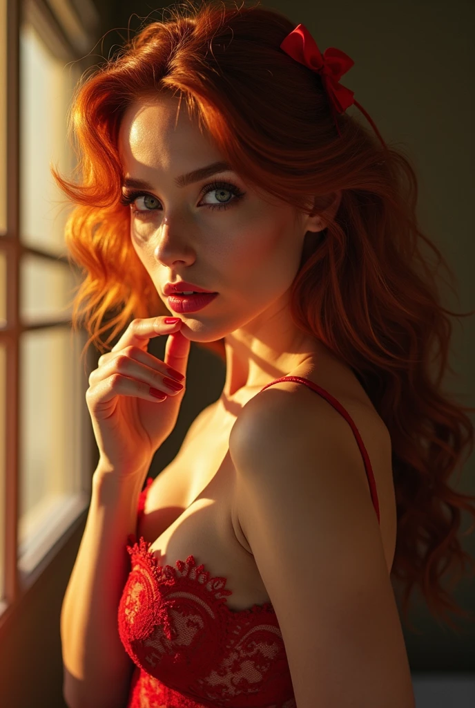 Professionnel, (photo 4k:1.1)(Anna Dittmann:0.3), (Marque Ariane:0.3), (nettet é:1.3), détail élevé, résistant (chemise serrée:1.2),femme cheveux rouge oranger, en lingerie sexi talon au pied, vagin visible nue , seins nue corp en forme de sablier, poitrine ronde et voluptueuse, beau visage détaille élever une jolie femme aux longs cheveux rouges regarde la caméra avec jolie sourire, Panasonic Lumix S Pro 80mm F/1.4, poitrine ronde et généreuse photo érotique pornographique, sous vêtement , photographie nue talons au pied , vagin, chate poilue, position érotique, longue jambe écarté pied nue visible, pose sexi vagin femme