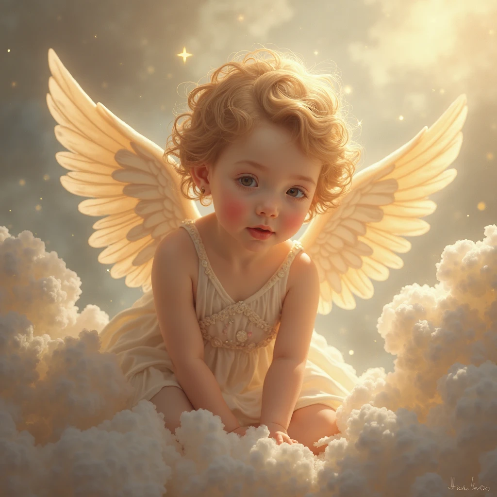 Create a wingless child praying in heaven with treasures