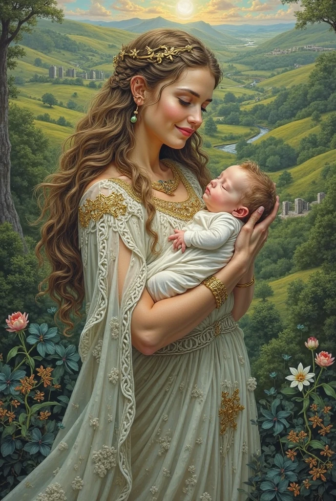 A young mother, holding her baby, wearing a jeweled crown and jeweled earrings, background is springtime landscape, mood is prosperous, wealthy, nurturing, nourishing, daytime light, digital art, hyper realistic, 8k, unreal engine, character design, art by Mark Ryden, Greg Simkins, Jason Limon, Dan Quintana.