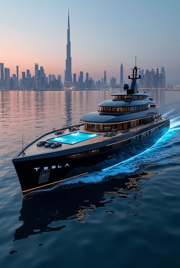 A futuristic and luxurious superyacht sailing in calm waters at dusk ...