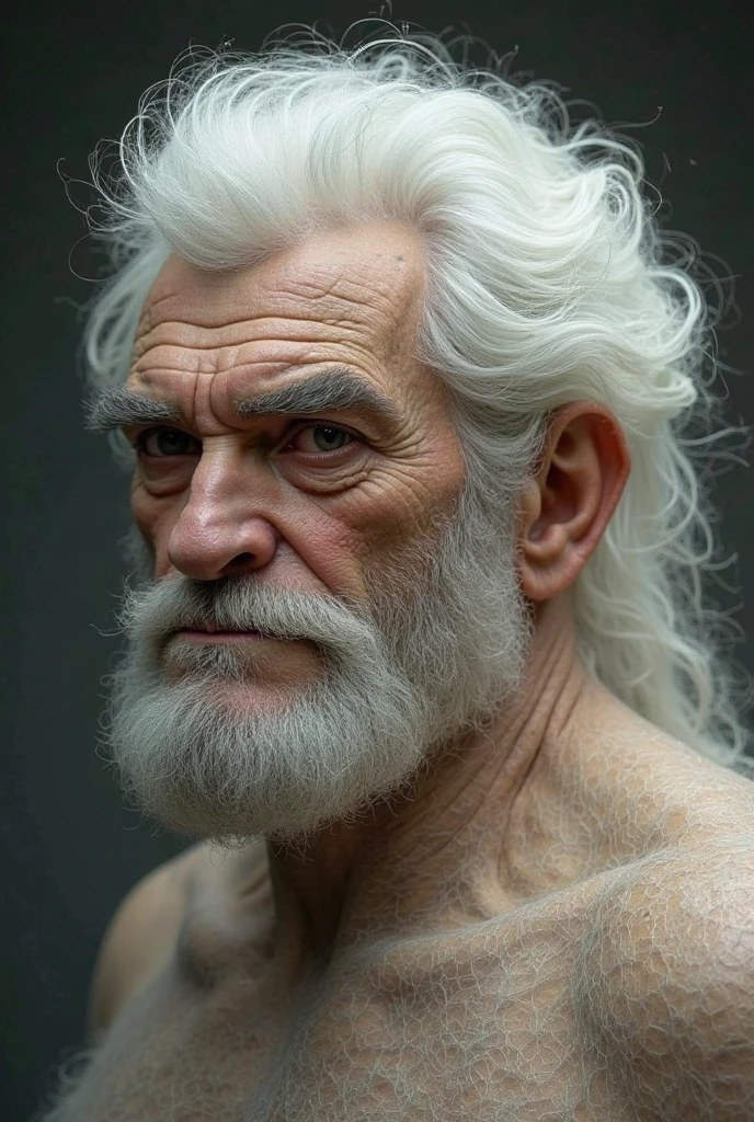 John Glover, An elder with a long beard and white hair, with a serene face wrinkles, looking producing, body older weak, skinny bones hairy, body naked, his shirt was open to reveal his stomach wrinkles older hairy weak and chest, arms legs neck hands feet skinny old and weak, shy and blushed, wish to fuck him as bottom gay, Lying on shower futuristic bunker,lily,master-piece,4K images,beste-Qualit