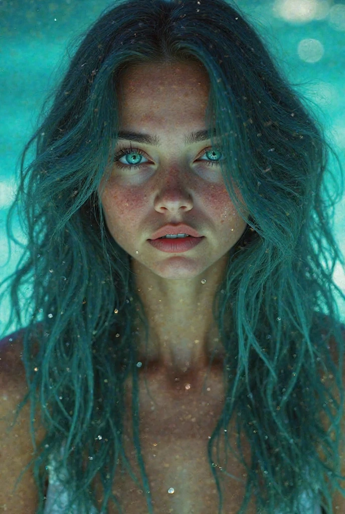 Frontal portrait of a whimsical and colorful woman resembling a mermaid or siren. Fair complexion, youthful features, wide open eyes, and delicate freckles on nose and cheeks. Vibrant, gravity-defying hair in shades of purple, blue, orange, and teal. Hair transitions into tendrils or aquatic flora, creating an underwater illusion. Small bubbles floating around the head add to the underwater theme. Attire or visible body part resembles teal and green fish scales with vibrant colors. Overall effect: Serene and otherworldly underwater creature in quiet contemplation.