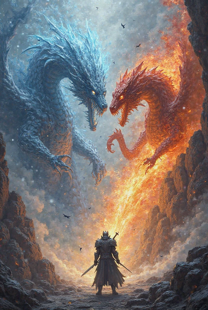 Two dragons facing each other in the light of the full moon in a desolate night wasteland, in a spectacular clash of powers from a distance, thrown out of their mouths