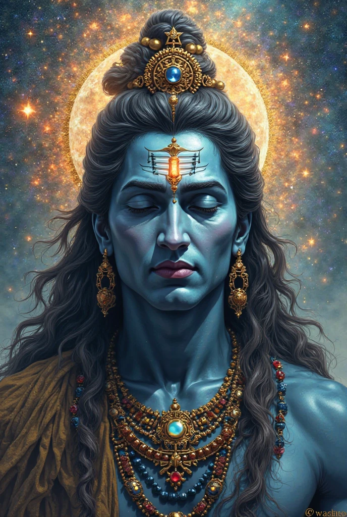 In this captivating image, Lord Shiva, s depicted with a serene countenance, adorned with a crown of intertwined serpents. His third eye, symbolizing wisdom and insight, emanates a gentle glow, while the crescent moon adorns his matted locks.