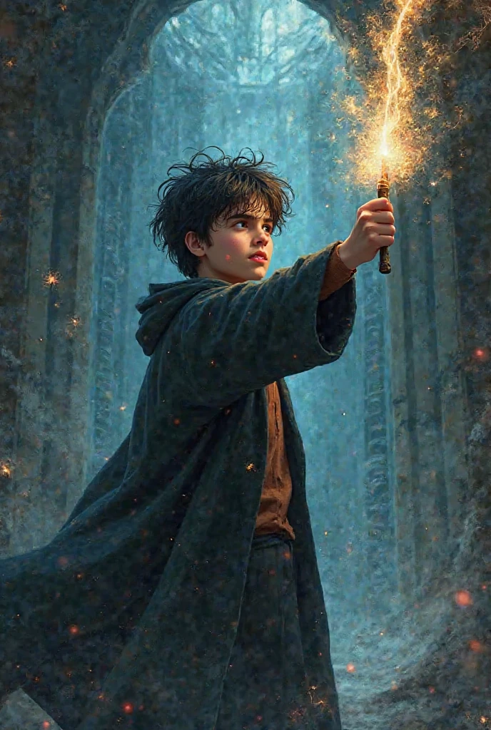 a painting of harry potter, fierce face expression, holding out the magic wand, gloomy light surrounding, surrounded by thunder clouds and lightning paintstyle12 (laxpeintv2:0.7)