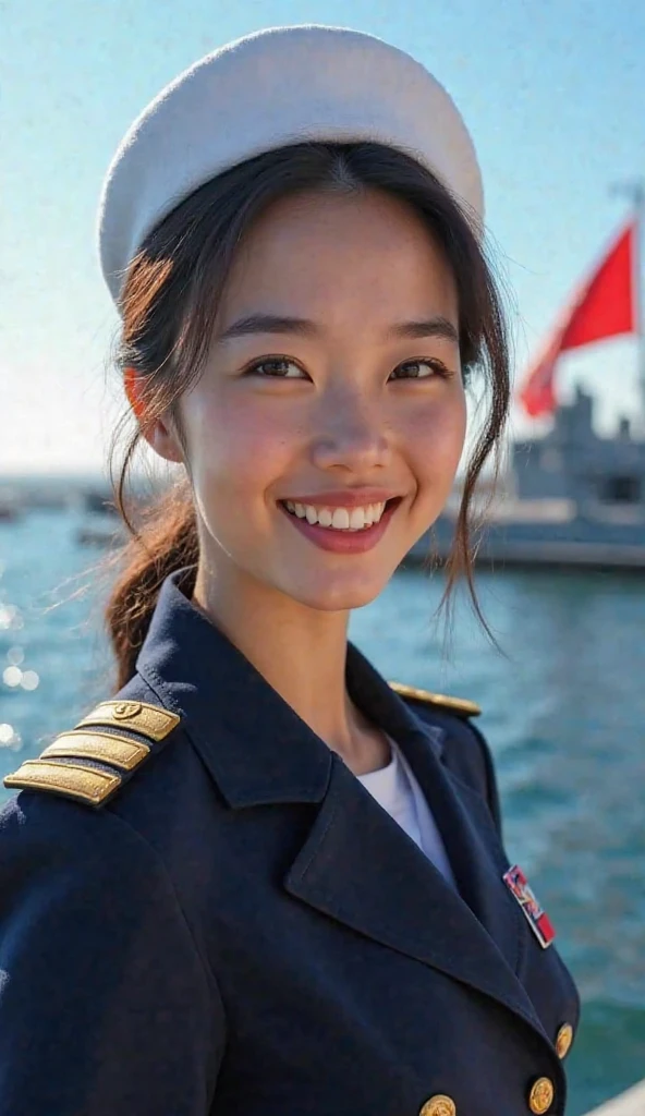 ((Best quality、masutepiece、8K、Best picture quality))、(1 photo:1.5)、(1 female naval officer:1.5)、(perfect original navy white uniform:1.3)、(uniform real navy:1.3, white color)、( real navy hat: 1.3) 、 (anatomically accurate: 1.3) 、 cowboy shot 、 biggest smile when you look at me 、 (In the background is the harbor with big ships: 1.3) 、 face like adults、Luminescence、clear