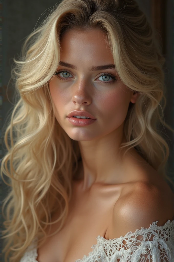Crée un portrait ultra réaliste d'une femme blonde avec des formes généreuses, portant un haut à décolleté. Ses cheveux blonds bien lisse et fin tombent autour de ses épaules, brillants sous une lumière naturelle douce. Son regard est intense et captivant, ajoutant une touche de mystère et de confiance. Le décolleté de son haut met en valeur ses courbes de manière élégante, sans être trop révélateur, ajoutant une touche de sensualité au portrait. Les détails du portrait devraient être précis, capturant la texture de sa peau, l’éclat de ses yeux, et les subtilités des ombres et des lumières qui mettent en valeur ses traits.