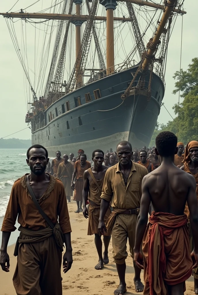 Five half-naked African slaves tied with a rope, descendant un escalier, grandes souffrance, tristesse dans les yeux, corps entier nu, no clothe, pas de coiffe, cheveux noirs, Dynamic scene from the movie Amistad, looking at the 50mm camera, Realistic photo HD, Diffuse light, Rebel Republic Environment, , hyper detailed, Whole size, Five half-naked African slaves tied with a rope, descendant un escalier, tristesse dans les yeux, Whole naked body chained with wrought iron chains, no clothe, pas de coiffe, cheveux noirs, Dynamic scene from the movie Amistad, looking at the 50mm camera, Realistic photo HD, Diffuse light, Rebel Republic Environment, , hyper detailed, Whole size, Plusieurs hommes et femmes esclaves debout, loin cloth, esclaves, Himba, corps entiers, all are chained, chaines en fer, Hands tied with a large rope, Homme africain, Enslaved humans, Screenshot of movie 300, Samuel Jackson, africain, The man has black skin, Scene from the movie Amistad, dark-skinned, pagne