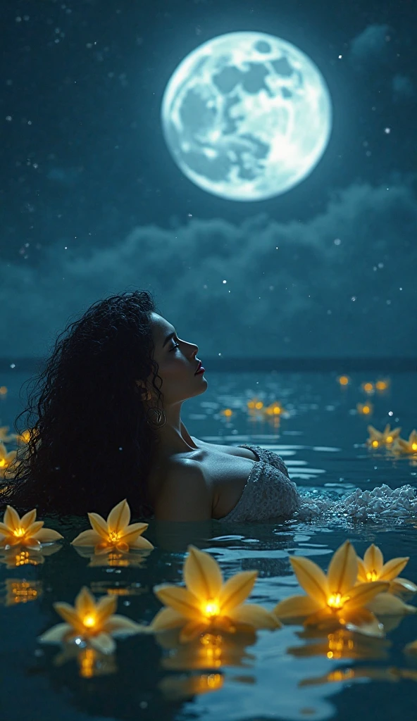 Craft a photorealistic image capturing a serene moment of a beautiful Indian woman standing in a pond during nighttime, illuminated solely by the moonlight behind her. The scene focuses on her from the bust upwards as she emerges from the water, embodying a sense of tranquility and mystique. There are trees in the background with colourful flowers and fruits.
The moon's soft glow should cast a delicate light on her features, highlighting her face and the contours of her shoulders, while the surrounding darkness enhances the intimate and peaceful atmosphere of the setting. The water's surface, slightly rippled, reflects the moonlight, adding a subtle, shimmering texture to the composition. This image should evoke feelings of calmness and reflection, capturing a timeless moment of natural beauty and serenity. Pay close attention to the interplay of light and shadow on her skin, the reflective qualities of the water, and the overall mood conveyed by the moonlit scene.