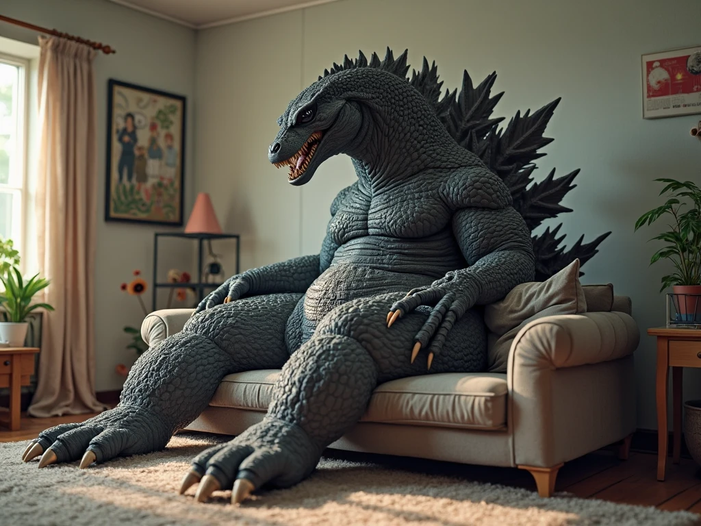 <lora:zilla:0.85> zilla, sitting in a comfortable living room reading a book