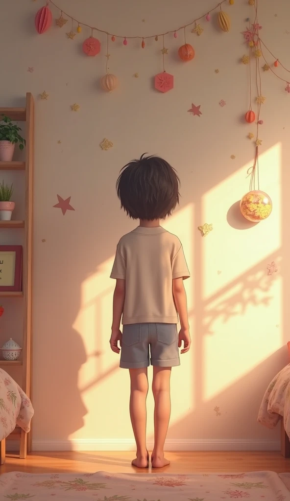 Dandelion in hand，8 year old boy in school hallway，having fun，ssmile，Simple clothes，PIXAR style，ssmile。