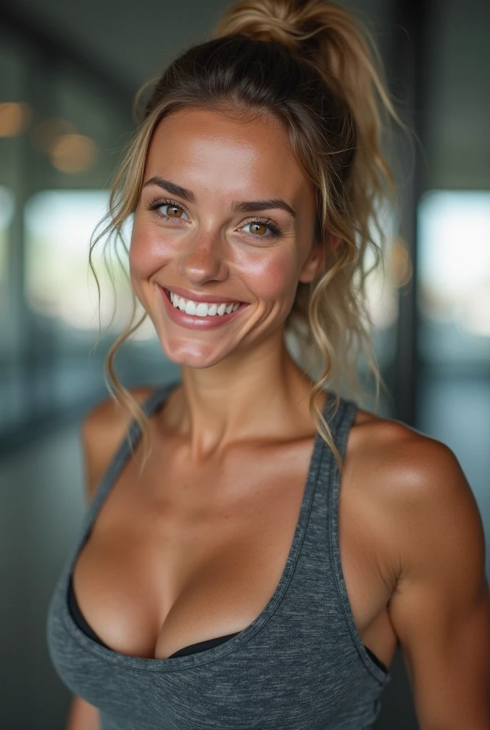 a beautiful 1girl, blonde hair, green eyes, big eyes, cute smile, big boobs, european girl, 23 years old, at the gym (best quality,4k,8k,highres,masterpiece:1.2),ultra-detailed,(realistic,photorealistic,photo-realistic:1.37),HDR,UHD,studio lighting,ultra-fine painting,sharp focus,physically-based rendering,extreme detail description,professional,vivid colors,bokeh,portrait