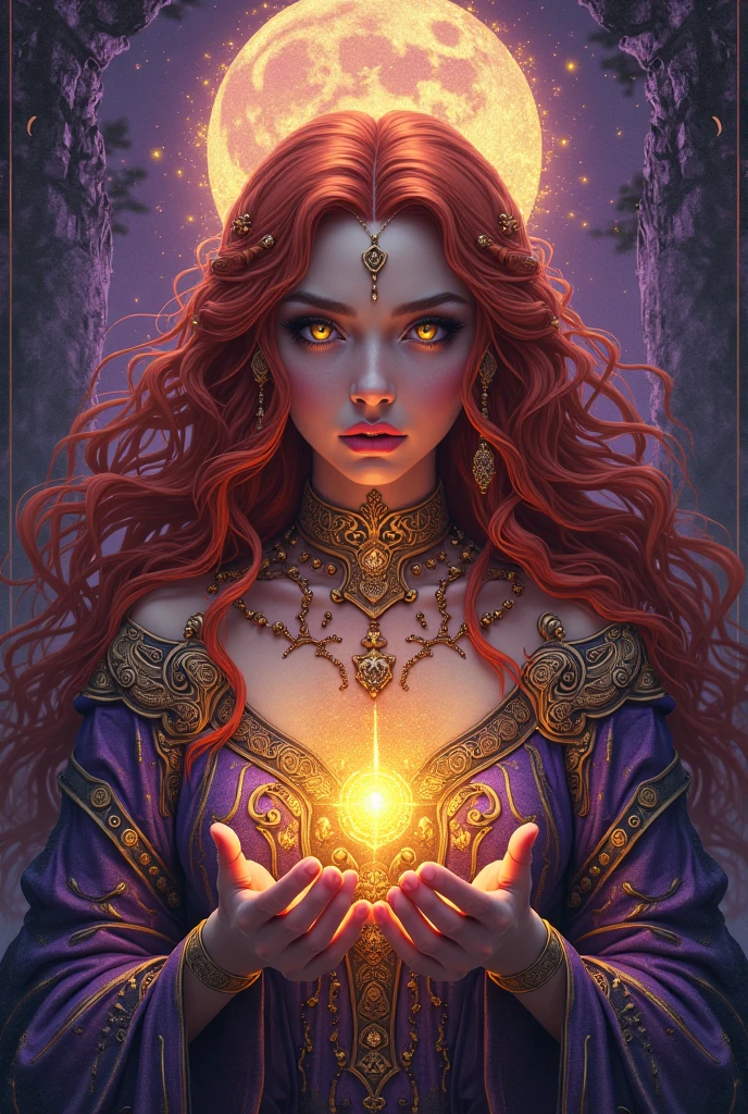 A mystical witch sits on the floor of her house in a ritual circle, raises her hands upwards in an incantation, eyes closed in concentration, lips slightly parted, wearing a white shirt that reaches her thighs (well outs), has a familiar, candles with purple flames, deep red wild hair around her neck, and a white dress, sexy, sexy dress