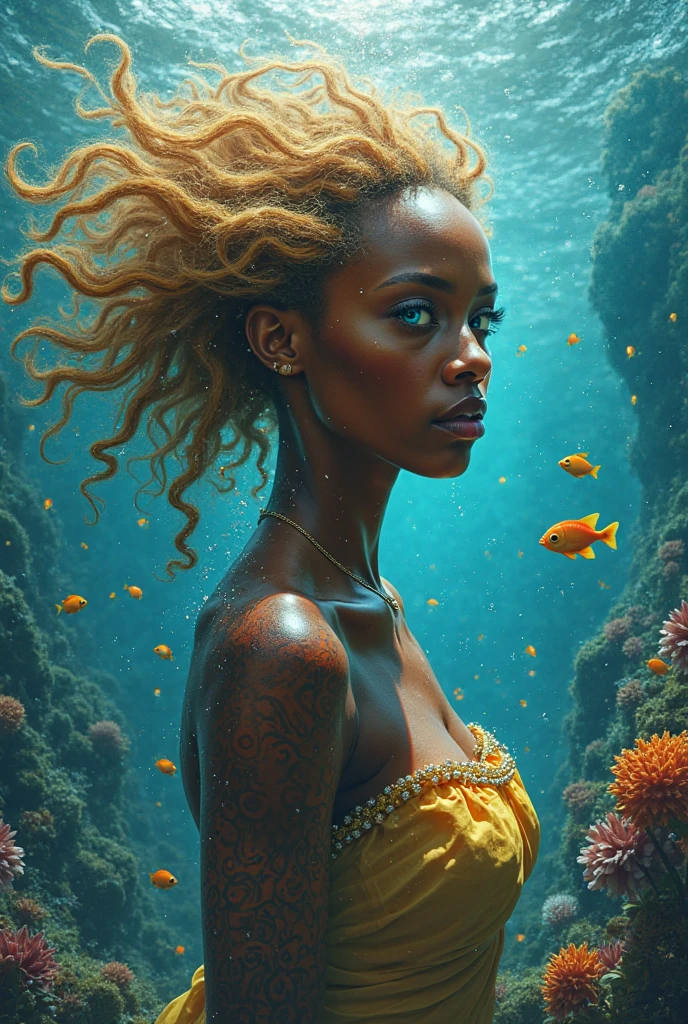 Beautiful black baby swimming under water with beautiful coral reefs with iridescent light, highly detailed images, vibrant beautiful colours, photorealistic image, 8k, ultra HD, unreal engine rendered, cinematic lighting, artgerm style,