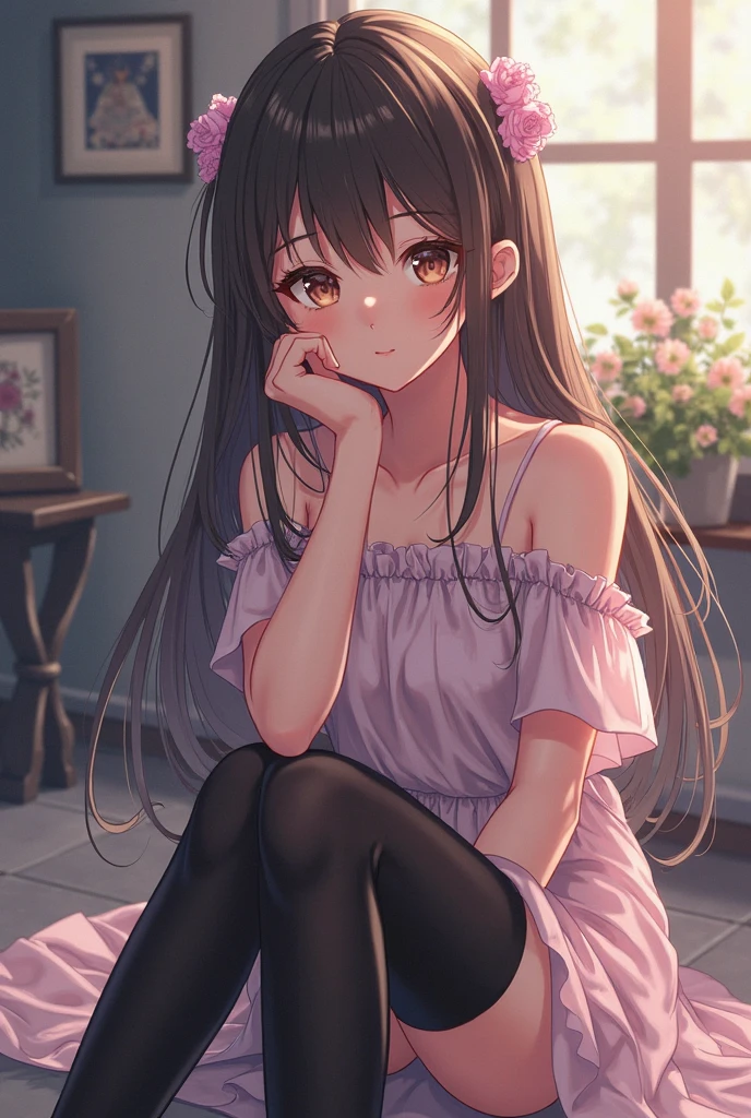 (masterpiece:1.3, top-quality, ultra high res, ultra detailed), (realistic, photorealistic:1.3), beautiful illustration, perfect lighting, natural lighting, colorful, depth of fields, , 
beautiful detailed hair, beautiful detailed face, beautiful detailed eyes, beautiful clavicle, beautiful body, beautiful chest, beautiful thigh, beautiful legs, beautiful fingers, shiny skin, 
looking at viewer, 1 girl, high school girl, (perfect anatomy, anatomically correct, super detailed skin), cute and symmetrical face, babyface, perfect face, perfect eyes, perfect body, 
(long hair, twintails, sideburns, black hair), bangs, maroon eyes, drooping eyes, big eyes, long eyelashes, (small breasts, seductive thighs), slender, 
(detailed cloth texture), short sleeve, clavicle, (open sholder black cutsew), grey plaid mini skirt, pink hair ribbon, black choker, 
(beautiful scenery), summer, late afternoon, (living room:1.2, sofa), , (sitting sofa, hands between legs), (love smile, upper eyes, parted lips), 