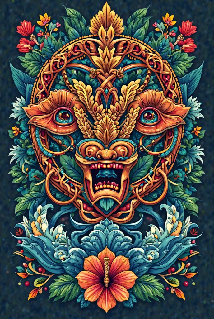 A high detailed visionary art piece. Nude woman floating. Beneather her is the natual world, plants and vines draping from her legs. In front of her face she holds up a horned animal skull