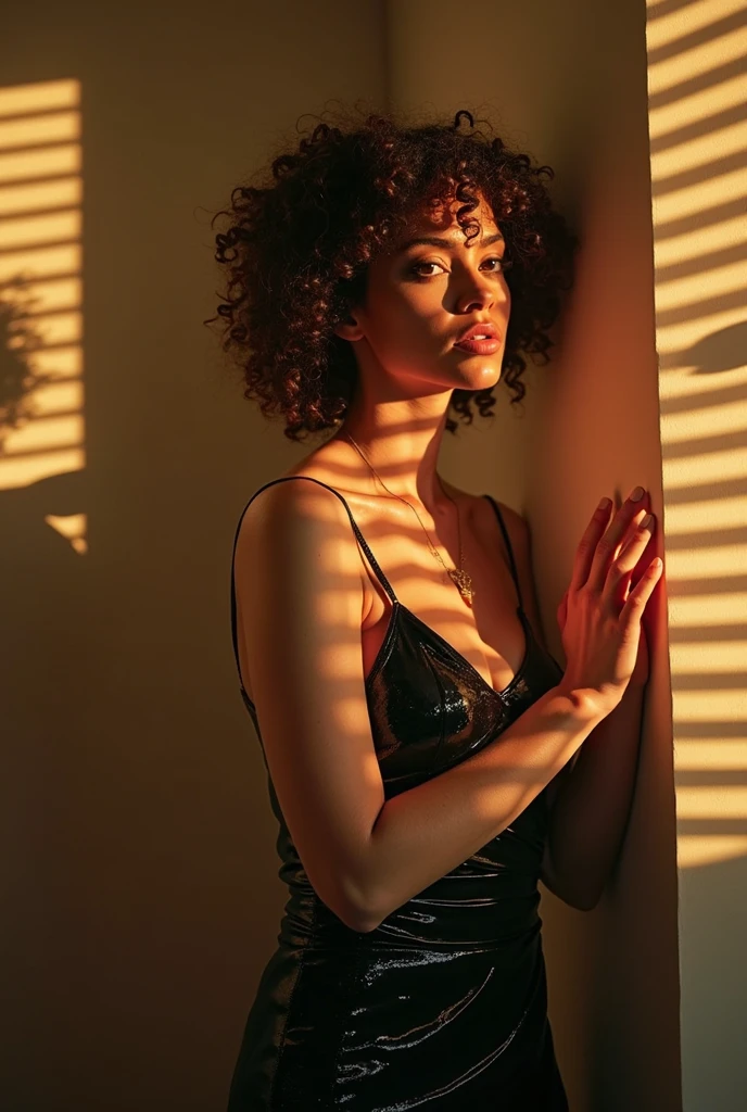 [High-resolution editorial fashion photography], [White female model with voluminous, curly hair, soft features, and natural makeup], [sparkling black sequin dress with a deep neckline], [indoor setting with warm golden light streaming through window blinds, casting patterned shadows on the model and surroundings], [dramatic, dappled lighting creating an intense, almost cinematic mood], [side profile pose, with the model's face and body partially illuminated by the sunlight, hands gently touching the wall], [shot on Kodak Portra 800 film], [warm golds, deep blacks, and soft skin tones palette]