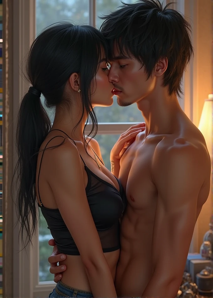 ager with black hair medium breasts and big ass sits down with no cloths and points her ass at me she jump on my lap she kisses me I’m a man