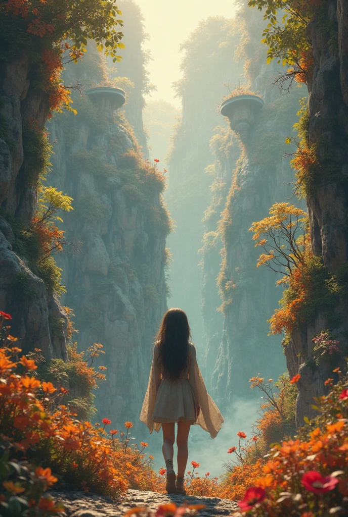 a brunette girl, with long curly hair, its length is up to the butt, she is under a giant tree. The tree is on the highest mountain above the clouds almost in the sky, the view is stunning both of the landscape and the girl's beautiful body, your hair moves in the gentle breeze and the sun shines on it, She is dressed in a knee-length skirt and a brightly colored flowered peasant shirt., Although she is short, she has a nice ass and nice breasts, she admires the green fields and waterfalls