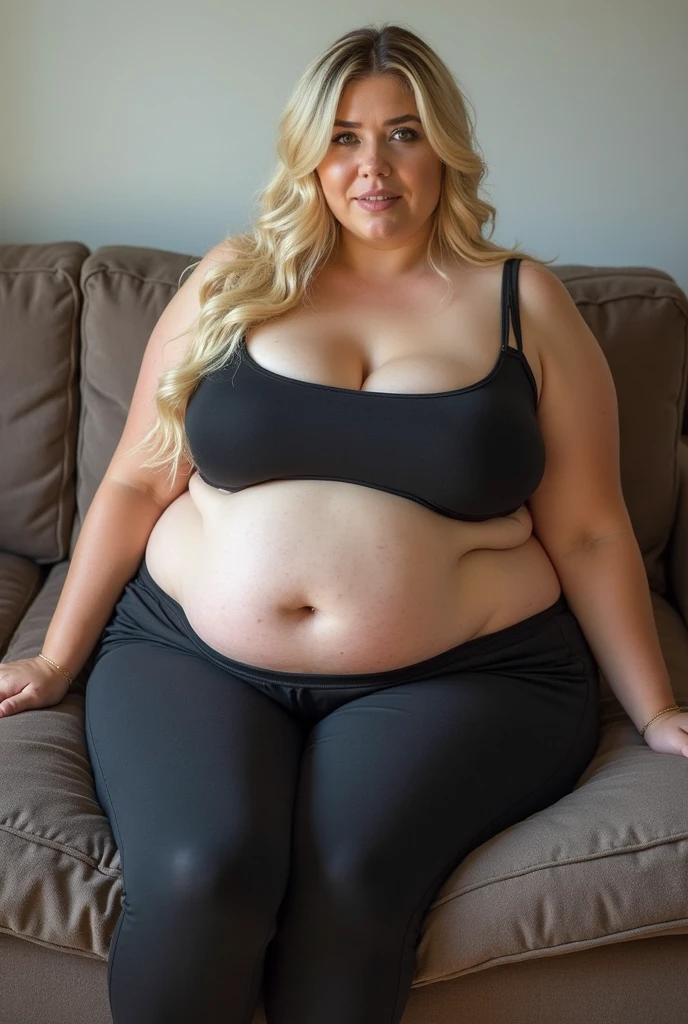 Fat woman, 40 years old white Caucasian woman, sitting down in the couch, living room, long straight blonde hair, serious, chubby, bbw, casual, cleavage, thick thighs, spreading legs, messy hair 
