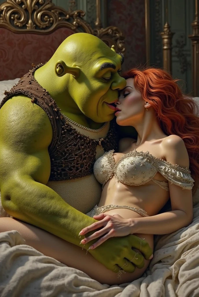 (((Christina Hendricks))), sexy, cleavage, puffy nips, unclad, risqué, red hair, beautiful, curvaceous, sheer dress, 1940s, damsel in distress, being carried by swamp thing, (grope), harassed by Cthulhu