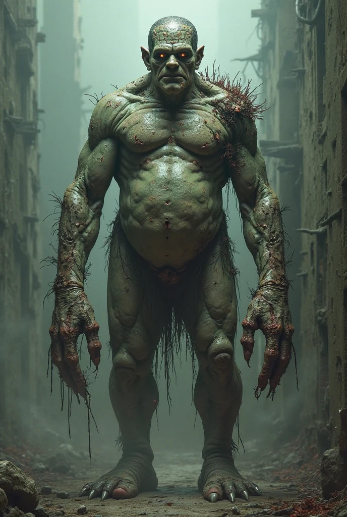 a grotesque and heavy figure, with a soft and dragging body, as if it were made of a sticky, dense substance. Your skin is grayish and seems to be always dissolving, exhaling a slow, numbing mist. His eyes are half-closed, with a weak and tired glow, and his expression is one of disdain and lack of motivation. He moves slowly, always dragging oneself or leaning on something, as if unable to stand erect. Your hands are deformed and flabby, with long fingers that grab those who pass by, sucking the energy and enthusiasm.