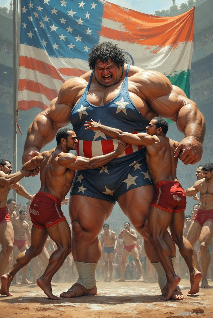 Robust champion man, torso exposed, legs bare from thighs to feet flowing long curls, meticulous muscle definition, lifelike representation, 4K resolution. Background: Stadium filled with cheering spectators,32k uhd, best quality, masterpiece, super detail, high details