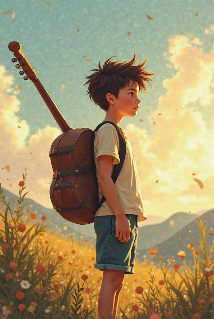 (((Gunfire outside the window,Fighter plane in the sky))),Little boy playing guitar in ruins, Brown hair,depressed, Eyes gaze,Dirty face,desolate, moss covered, Dilapidated, dirty, (best quality,4k,8K,High resolution,masterpiece:1.2),Extremely detailed,(Practical,photoPractical,photo-Practical:1.37),Dark Fantasy,severe,Mood lighting,Dramatic shadows,Movie,moody color palette,Soft Tones,Rubbish,rot,weathered,tattered,Small white flowers,Dungeons,cemetery,Black and Red,stairs,vine,rainwater,Swarms of glowing butterflies,A group of transparent wandering souls, Ghost