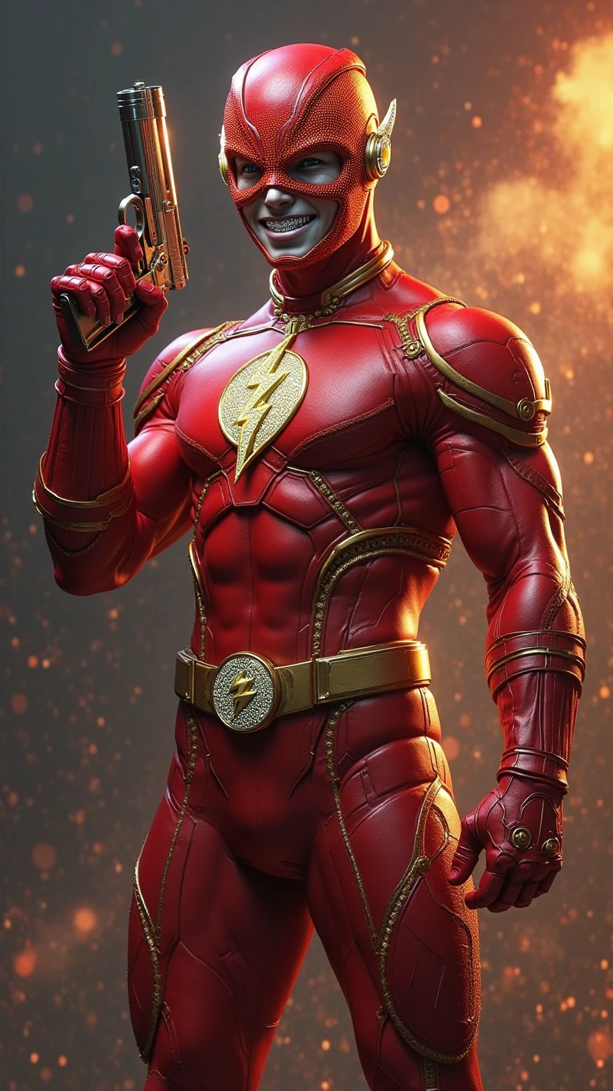a man wearing a red superhero costume,. Red helmet highly detailed, dynamic pose, high quality, photorealistic, intricate costume design. Detail costume. Honeycomb design, musculature, strong lighting,lizard hero cinematic angle, dramatic shadows, vibrant colors, comic book style. Circle logo on chest. Lizard logo on chest.