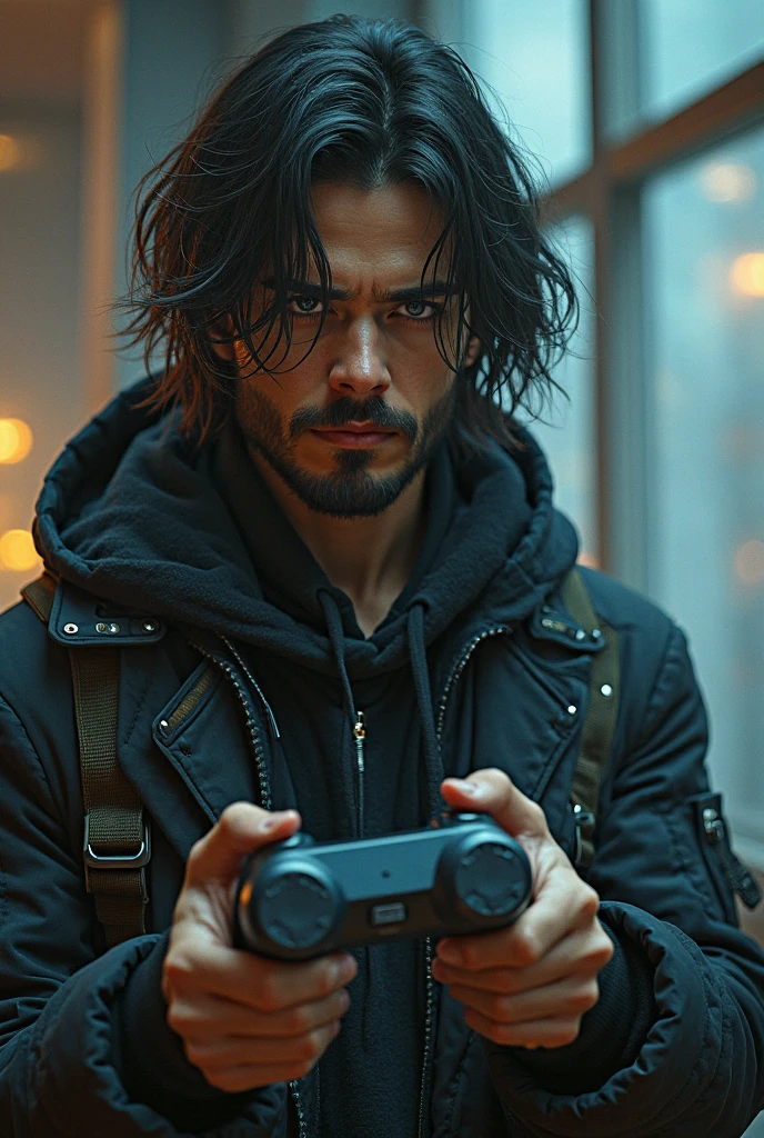 ((best quality)), ((masterpiece)), (detailed), The sniper (movie character), 1man smoking and blowing the smokes of cigarette(waering black hoody), male focus, solo, glowing, looking at the window, fingerless gloves, on the window at 13th floor, ready to shoots with his sniper riffles,(side camera view) positions standby to shoots from thw window to the next buildings.