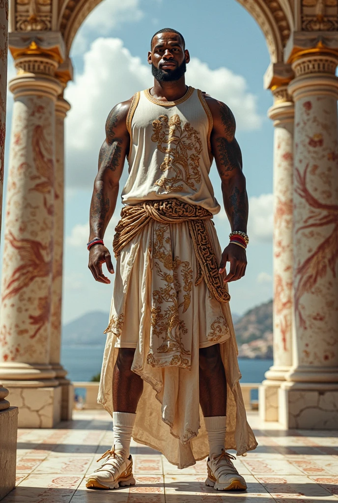 one piece style, male, caramel skin color, white hair, white oni horns, golden jewelry, gold sandals