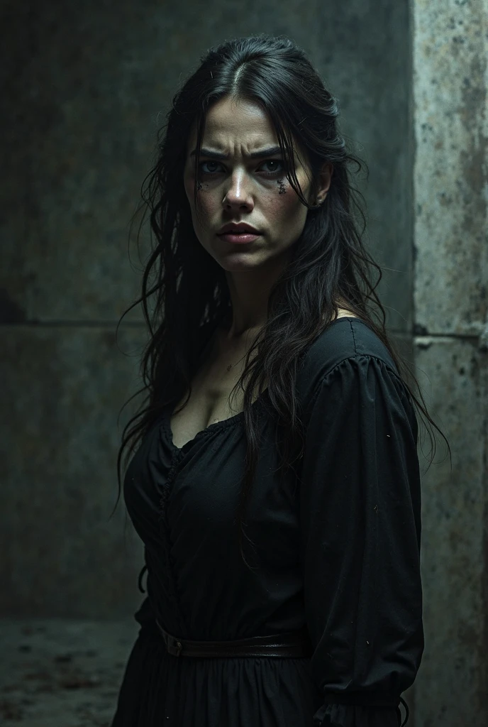 full face, a beautiful medieval woman with long wavy dark hair, realistic portrait,woman in medieval dress, utrarealistic skin, wet black textured wall background,dramatic lighting,chiaroscuro lighting,high contrast,warm skin tones,extremely detailed face,detailed eyes,detailed lips,delicate facial features,flowing hair,natural hair texture,elegant pose,cinematic composition,photorealistic,8k,best quality,masterpiece,highly detailed,intricate detail,cinematic lighting,dramatic atmosphere